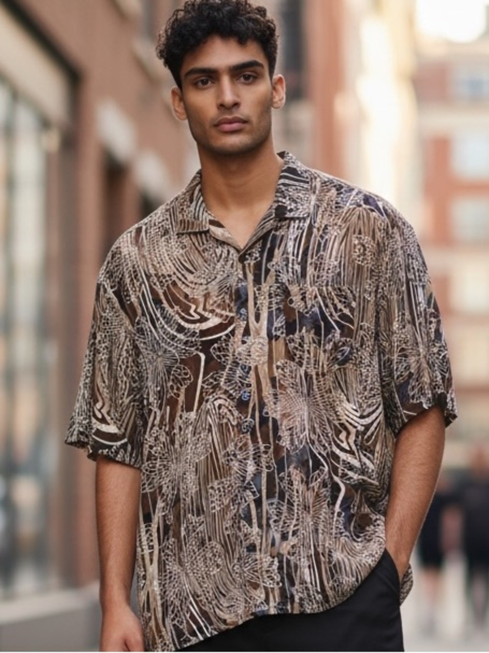 Axis LA Mens XL 100% Silk Short Sleeve Button Down Shirt Brown Abstract Print